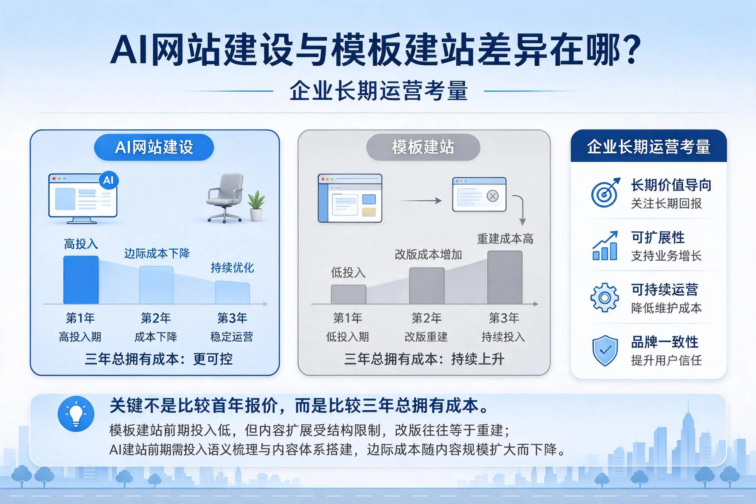 AI网站建设与模板建站差异在哪?宣城企业长期运营考量